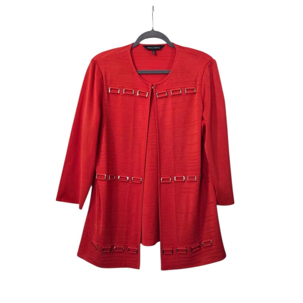 Ming Wang Poppy Orange Red Buckle Accent Open Front Knit Cardigan Jacket, Large
